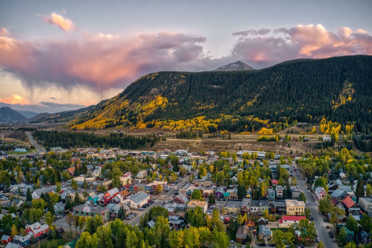 aerial of Crested Butte with fall foliage